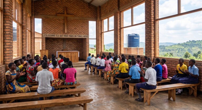 Students seated on wooden benches for worship in the open-air center chapel, surrounded by green hills