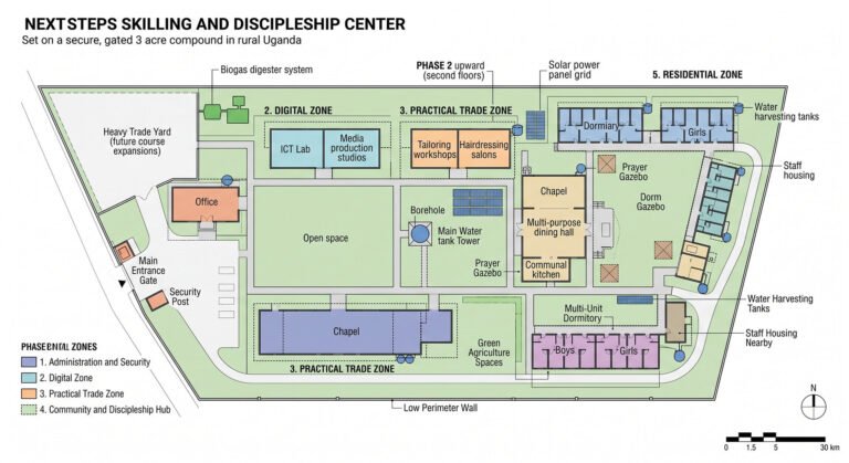 Illustrated site plan of the NextSteps campus, showing the administration, digital, practical trade, community and residential zones